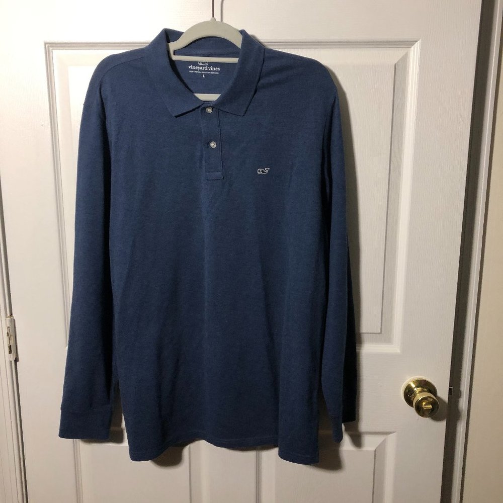 Vineyard Vines men blue long sleeve polo shirt, 2-button collar, L